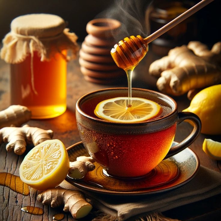 Ginger lemon hot tea with honey drizzle_